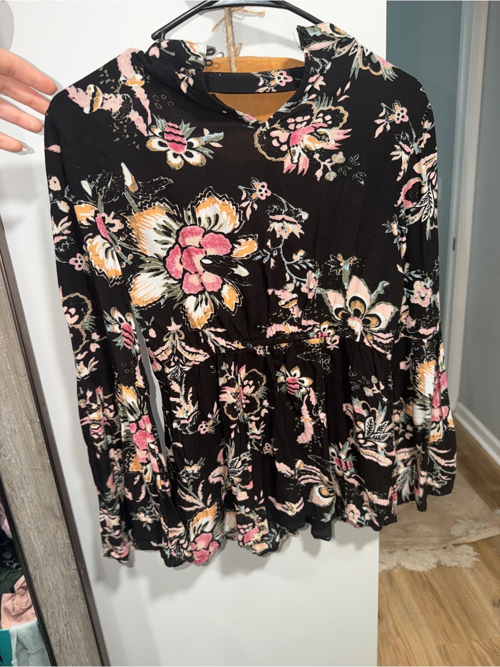 a.n.a Black Floral Peplum Blouse with Pink & Cream Accents